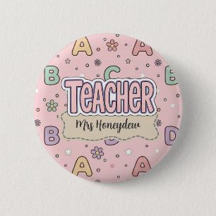 Badge Rond 5 Cm Professeur lettres roses motif scolaire 