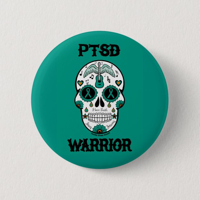 Badge Rond 5 Cm PTSD WARRIOR crâne à sucre (Devant)