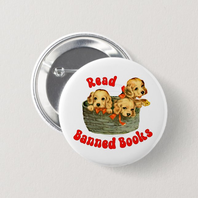 Badge Rond 5 Cm Puppies rétro mignonnes - Lire Livres interdits (Devant & derrière)