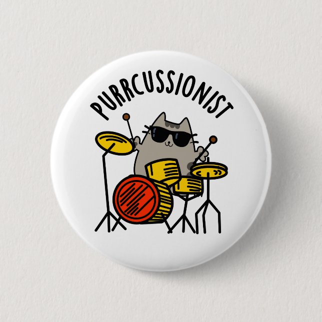 Badge Rond 5 Cm Purr-cussionniste Funny Drummer Cat Pun (Devant)