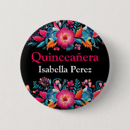 Badge Rond 5 Cm Quinceanera florale Fiesta noire mexicaine