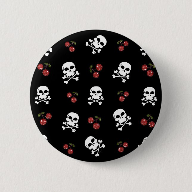 Badge Rond 5 Cm RAB Rockabilly Skuls et Cerises sur Noir (Devant)