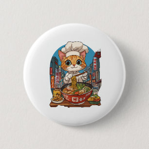 Badge Rond 5 Cm Ramen Neko - Drôle Chef Chat Anime Nourriture