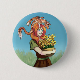 Badge Rond 5 Cm Rassembler les fleurs avec un dragon