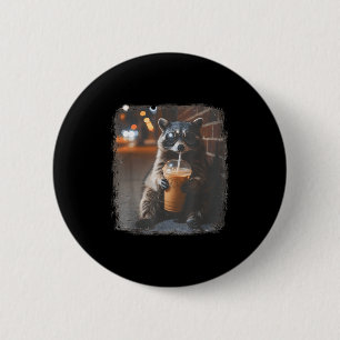 Badge Rond 5 Cm Raton laveur drôle buvant du café glacé animal mèm