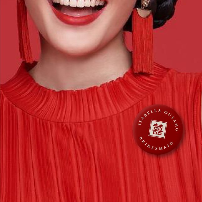 Badge Rond 5 Cm Red Classic Carré Double Xi Chinese Wedding Party (BRIDESMAID Red Classic Square Double Happiness Chinese Wedding Party Pin Button @ fatfatin_red_knot)