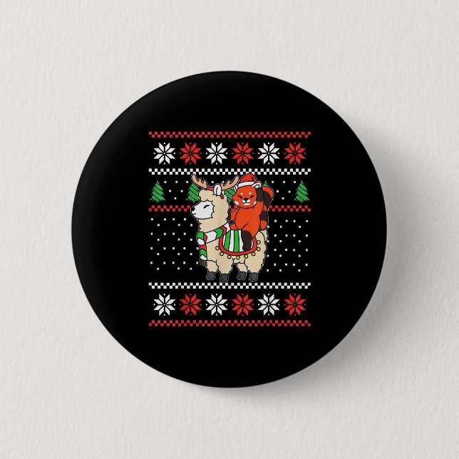 Badge Rond 5 Cm Red Panda Ugly Christmas Sweater Reindeer Llama Ri (Devant)