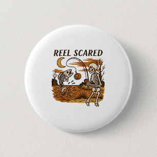 Badge Rond 5 Cm Reel Peur Halloween Pêche Drôle Skeleton Fishe