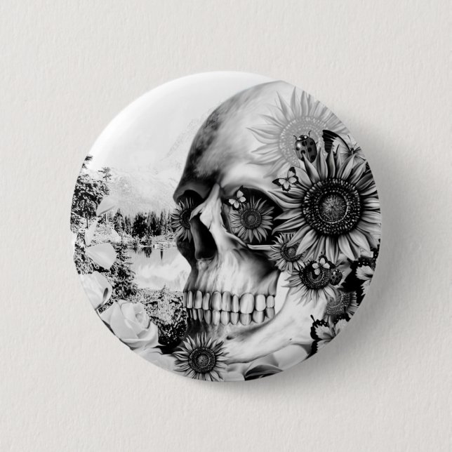 Badge Rond 5 Cm Réflexion. Crâne floral de paysage (Devant)