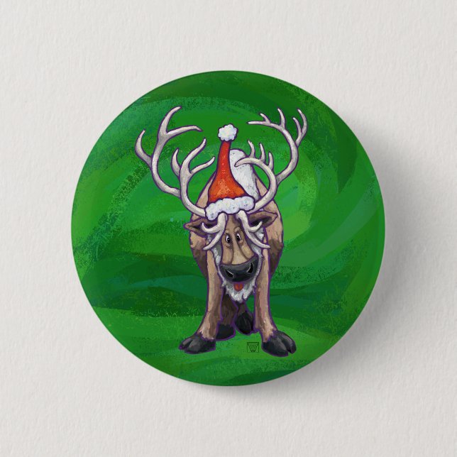 Badge Rond 5 Cm Reindees Noël Sur Vert (Devant)