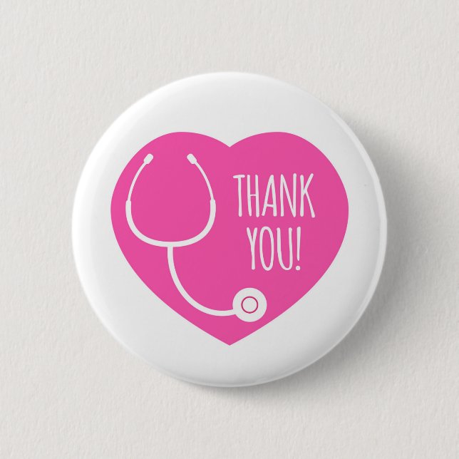 Badge Rond 5 Cm Remerciements | Stethoscope Coeur Rose (Devant)
