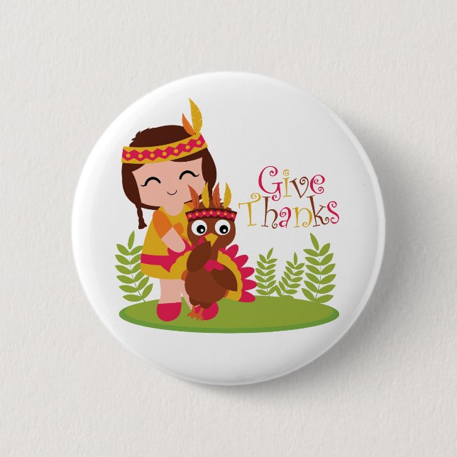 Badge Rond 5 Cm Remerciez Jolie Fille Tribale Thanksgiving Turquie (Devant)