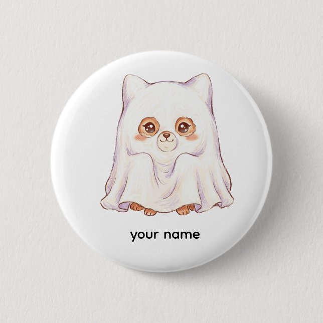 Badge Rond 5 Cm Renard fantôme mignon Halloween - Animaux dodus mi (Devant)