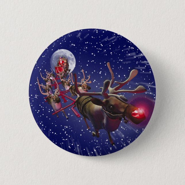 Badge Rond 5 Cm Renne flairé rouge du père noël de vol (Devant)