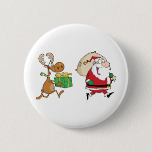 Badge Rond 5 Cm Renne fonctionnant avec Père Noël livrant des