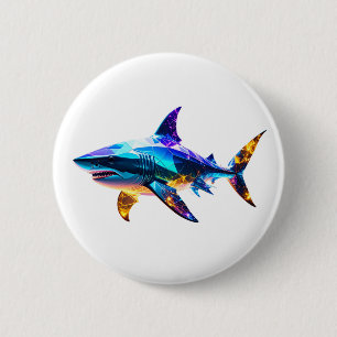 Badge Rond 5 Cm "Requin géométrique coloré – Art polygonal vibrant