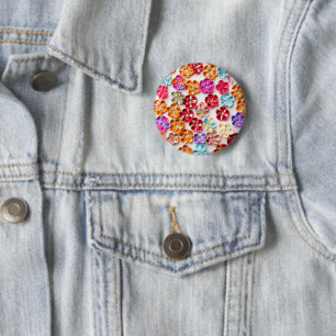 Badge Rond 5 Cm Ressort tissu cousu artisanal Fleurs Multicolor