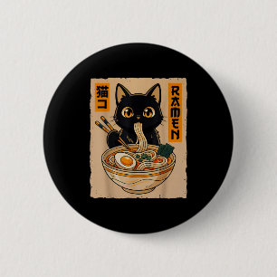 Badge Rond 5 Cm Rétro Anime Kawaii Chat Noir Mangeant des Nouilles