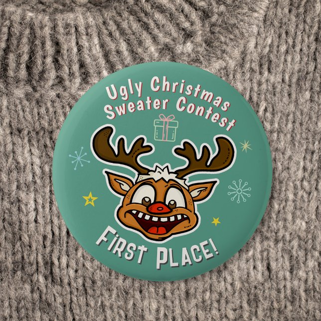 Badge Rond 5 Cm Retro Reindeer Ugly Christmas Sweer Concours 1er (Créateur téléchargé)