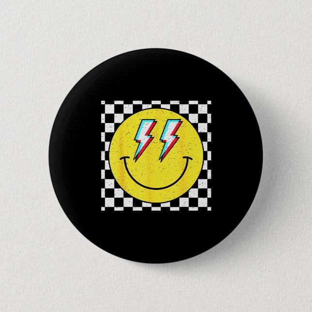Badge Rond 5 Cm Retro Smile Face Checkered Pattern Preppy Happy Fa (Devant)