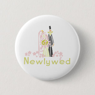Badge Rond 5 Cm Rétros nouveaux mariés roses et verts