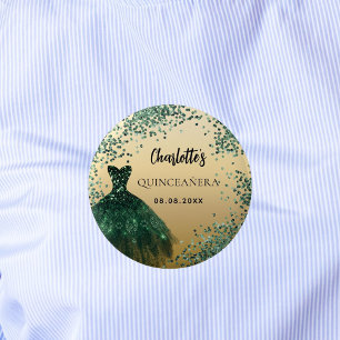Badge Rond 5 Cm Robe en or vert émeraude Quinceanera