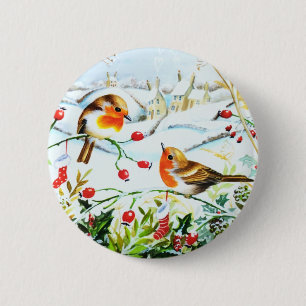 Badge Rond 5 Cm Robin d'oiseaux Couple Holly d'hiver Noël