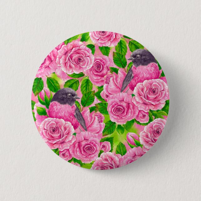Badge Rond 5 Cm Robin rose et rose (Devant)