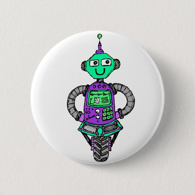 Badge Rond 5 Cm Robot Arnie, violet et vert (Devant)
