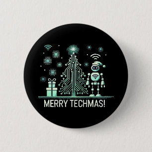 Badge Rond 5 Cm Robot IA avec arbre de Noël Tech - Joyeux Techmas