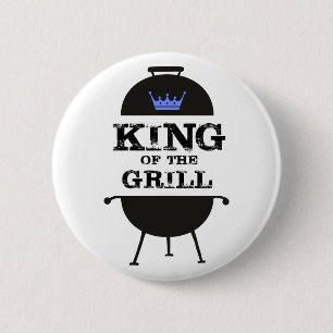Badge Rond 5 Cm Roi Du Grill, Couronne Bleue Noire