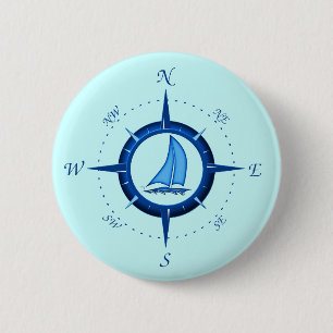 Badge Rond 5 Cm Rose de voilier et de boussole
