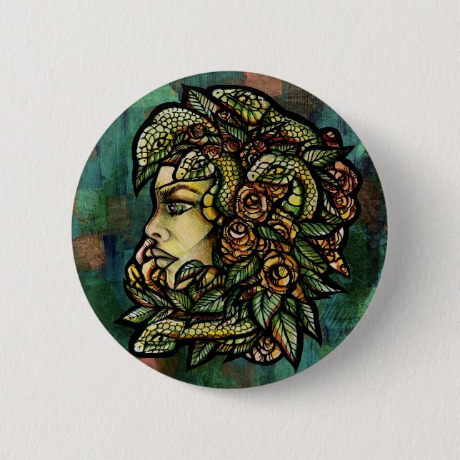 Badge Rond 5 Cm Rose Gorgon de serpents de Medusa verte (Devant)