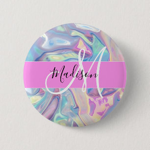 Badge Rond 5 Cm Rose Nom Monogramme Holographique Iridescent