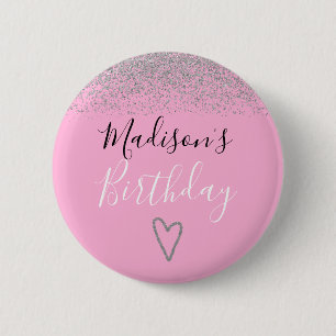 Badge Rond 5 Cm Rose Pailleté Argent Anniversaire Fille