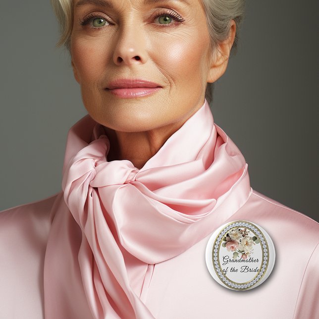 Badge Rond 5 Cm Roses roses avec perles Grand-mère de la mariée  (Créateur téléchargé)