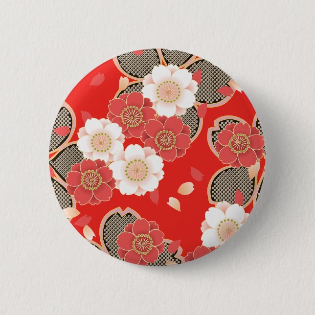 Badge Rond 5 Cm Rouge et blanc Sakura Japonais Kimono (Devant)