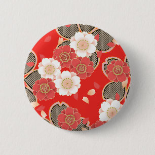 Badge Rond 5 Cm Rouge et blanc Sakura Japonais Kimono