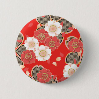 Badge Rond 5 Cm Rouge et blanc Sakura Japonais Kimono