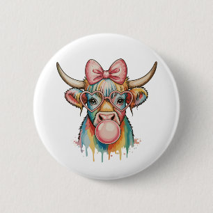 Badge Rond 5 Cm Ruban Coquette Rose Vache Highland Bubblegum