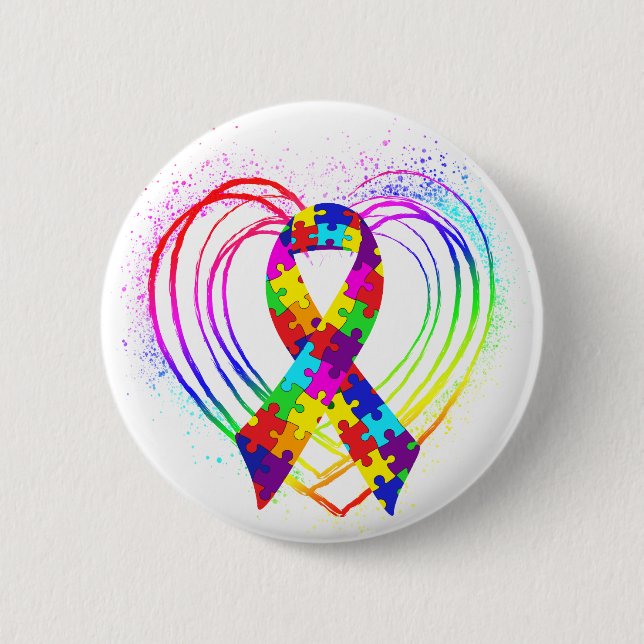 Badge Rond 5 Cm Ruban d'autisme sur le coeur : (Devant)