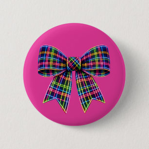 Badge Rond 5 Cm Ruban Tartan à Nœud Néon Rose Écossais Mignon