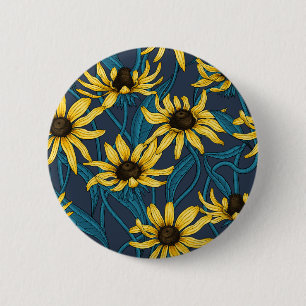 Badge Rond 5 Cm Rudbekia jaune sur la marine