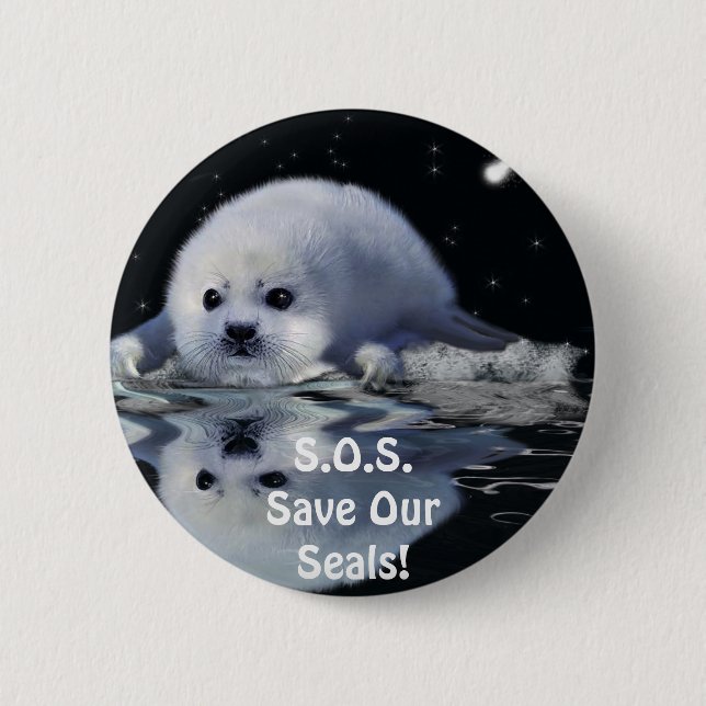 BADGE ROND 5 CM S.O.S. SAUVEGARDEZ NOS PHOQUES À HARP (Devant)