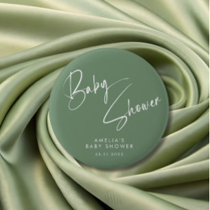 Badge Rond 5 Cm Sage Vert Élégant Script Baby Shower Moderne