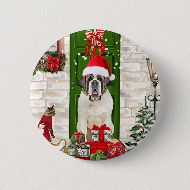 Badge Rond 5 Cm Saint Bernard Chien Noël (Devant)