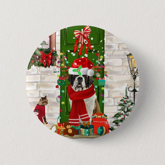 Badge Rond 5 Cm Saint Bernard Chien Noël (Devant)