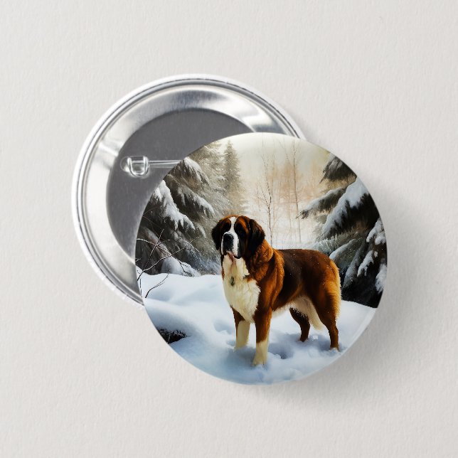 Badge Rond 5 Cm Saint Bernard Laisser Neige Noël (Devant & derrière)