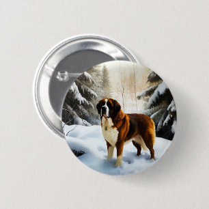 Badge Rond 5 Cm Saint Bernard Qu'il Neige Noël