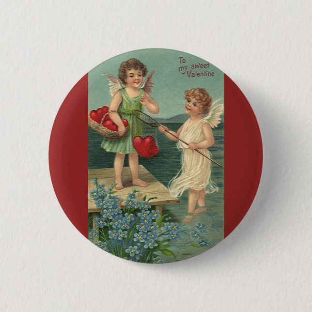 Badge Rond 5 Cm Saint-Valentin vintage, Anges pêchant des cœurs (Devant)